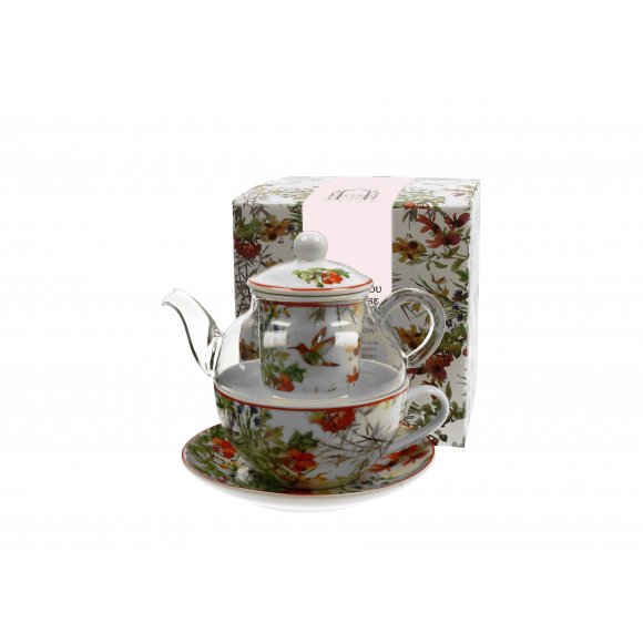 DUO LINNEA Tea for one - Filiżanka z dzbankiem szklanym 330 ml i spodkiem / porcelana