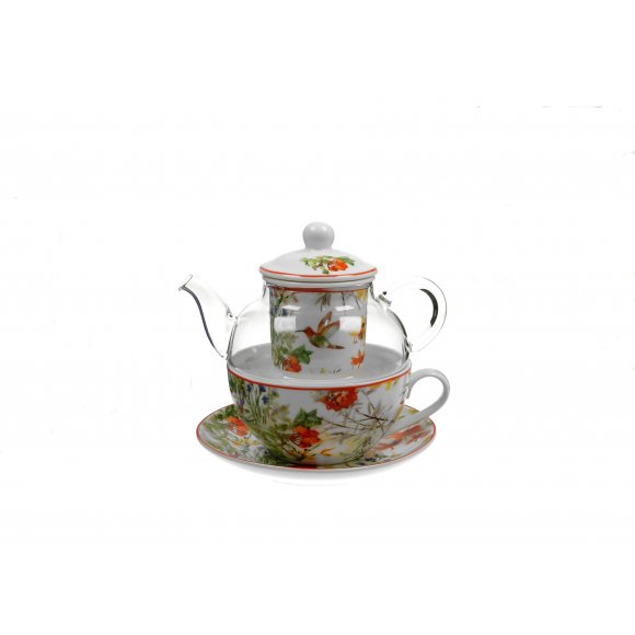 DUO LINNEA Tea for one - Filiżanka z dzbankiem szklanym 330 ml i spodkiem / porcelana