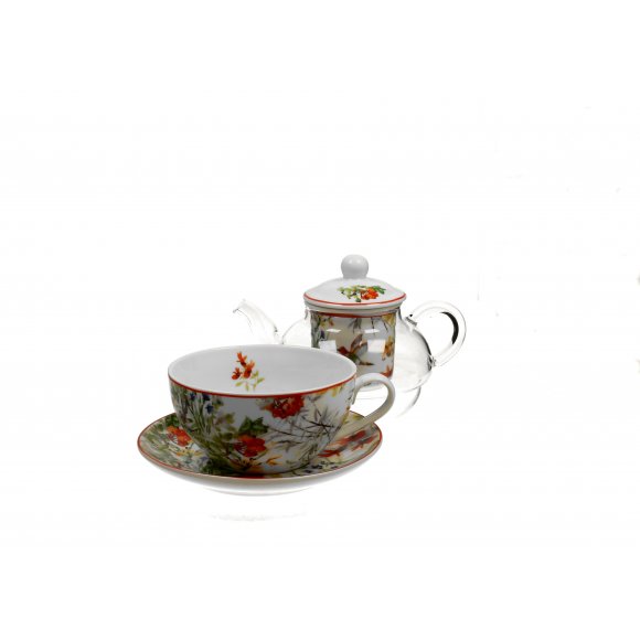 DUO LINNEA Tea for one - Filiżanka z dzbankiem szklanym 330 ml i spodkiem / porcelana