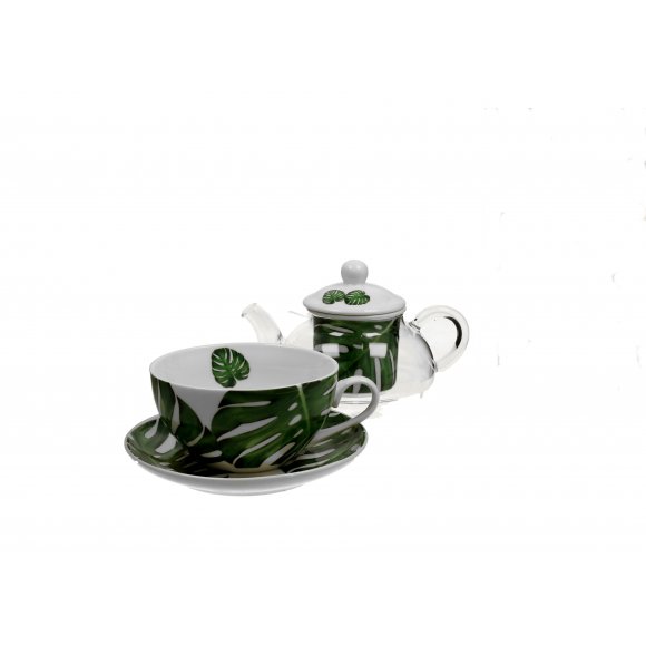 DUO MONSTERA Tea for one - Filiżanka z dzbankiem szklanym 330 ml i spodkiem / porcelana