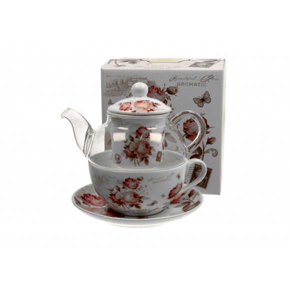 DUO SECESJA Tea for one - Filiżanka z dzbankiem szklanym 330 ml i spodkiem / porcelana