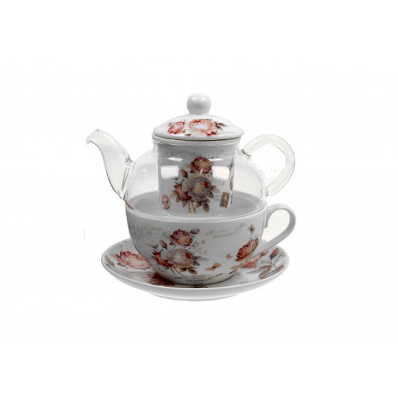 DUO SECESJA Tea for one - Filiżanka z dzbankiem szklanym 330 ml i spodkiem / porcelana