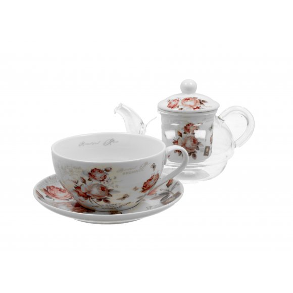DUO SECESJA Tea for one - Filiżanka z dzbankiem szklanym 330 ml i spodkiem / porcelana