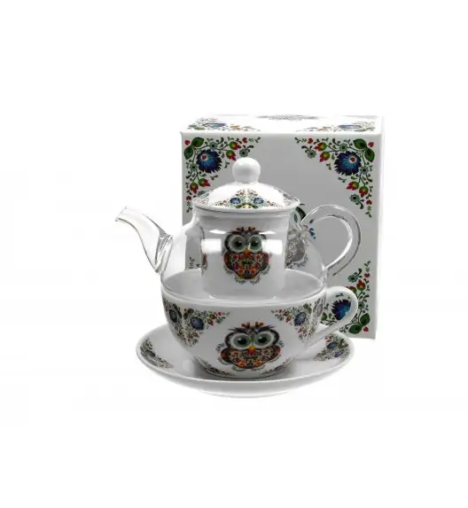 DUO SOWA ETNO Tea for one - Filiżanka z dzbankiem szklanym 330 ml i spodkiem  / porcelana