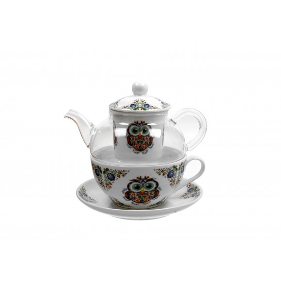 DUO SOWA ETNO Tea for one - Filiżanka z dzbankiem szklanym 330 ml i spodkiem / porcelana