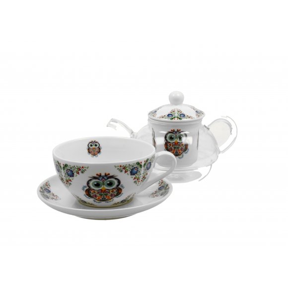 DUO SOWA ETNO Tea for one - Filiżanka z dzbankiem szklanym 330 ml i spodkiem / porcelana