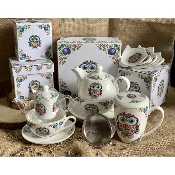 DUO SOWA ETNO Tea for one - Filiżanka z dzbankiem szklanym 330 ml i spodkiem / porcelana