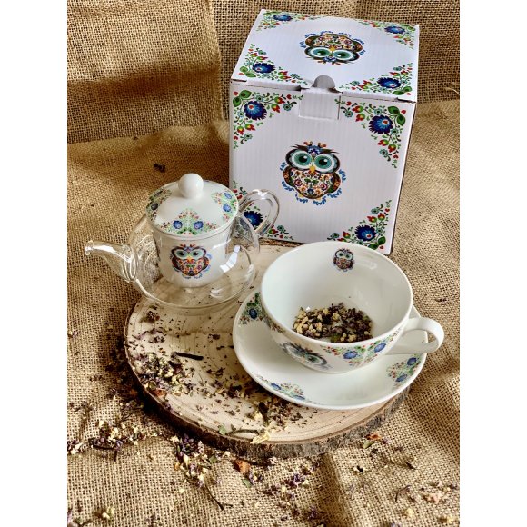 DUO SOWA ETNO Tea for one - Filiżanka z dzbankiem szklanym 330 ml i spodkiem / porcelana