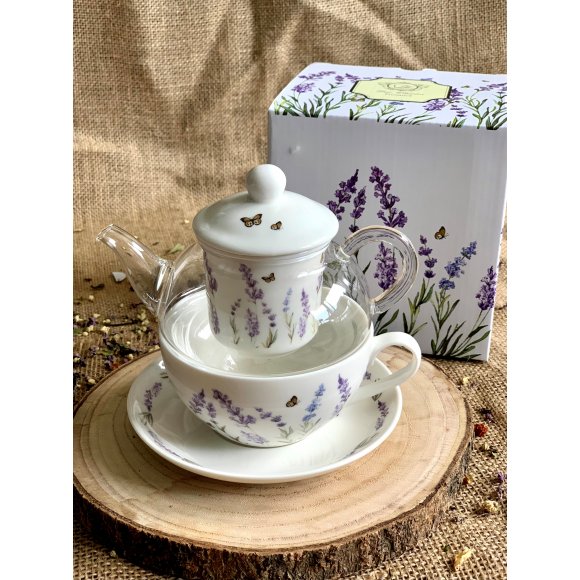 DUO PROVANCE Tea for one - Filiżanka z dzbankiem szklanym 330 ml i spodkiem / porcelana