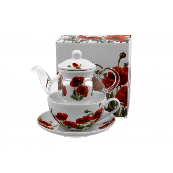 DUO POPPIES Tea for one - Filiżanka z dzbankiem szklanym 330 ml i spodkiem / porcelana