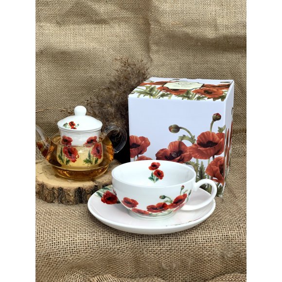 DUO POPPIES Tea for one - Filiżanka z dzbankiem szklanym 330 ml i spodkiem / porcelana