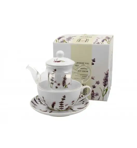 DUO LAVENDER Tea for one - Filiżanka z dzbankiem szklanym 330 ml i spodkiem  / porcelana