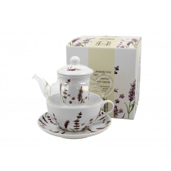 DUO LAVENDER Tea for one - Filiżanka z dzbankiem szklanym 330 ml i spodkiem / porcelana