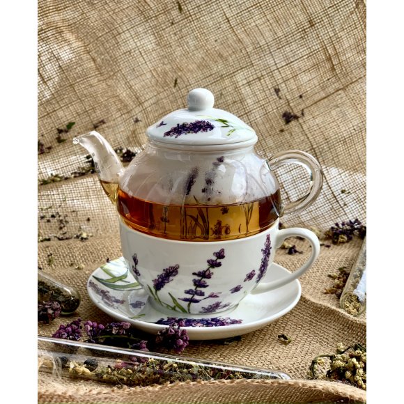 DUO LAVENDER Tea for one - Filiżanka z dzbankiem szklanym 330 ml i spodkiem / porcelana