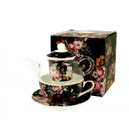 DUO VINTAGE FLOWERS BLACK Tea for one - Filiżanka z dzbankiem szklanym 330 ml i spodkiem  / porcelana