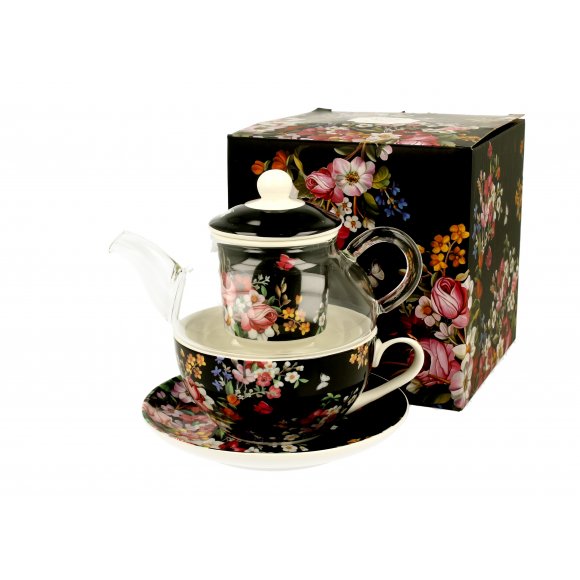 DUO VINTAGE FLOWERS BLACK Tea for one - Filiżanka z dzbankiem szklanym 330 ml i spodkiem / porcelana