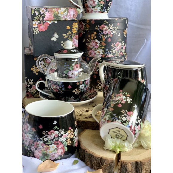 DUO VINTAGE FLOWERS BLACK Tea for one - Filiżanka z dzbankiem szklanym 330 ml i spodkiem / porcelana