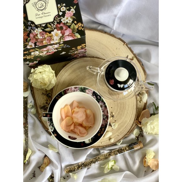 DUO VINTAGE FLOWERS BLACK Tea for one - Filiżanka z dzbankiem szklanym 330 ml i spodkiem / porcelana