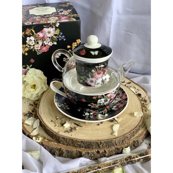 DUO VINTAGE FLOWERS BLACK Tea for one - Filiżanka z dzbankiem szklanym 330 ml i spodkiem / porcelana