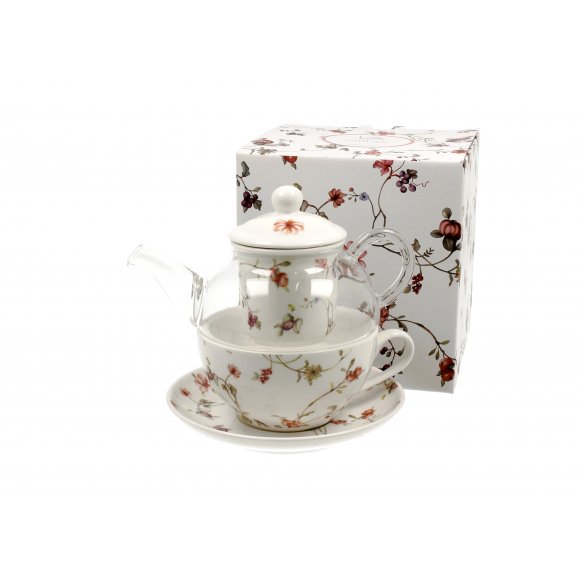 DUO SAFA Tea for one - Filiżanka z dzbankiem szklanym 330 ml i spodkiem / porcelana