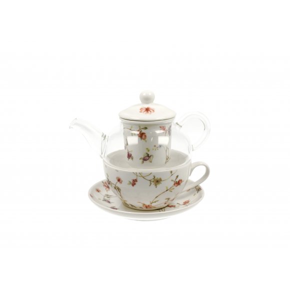 DUO SAFA Tea for one - Filiżanka z dzbankiem szklanym 330 ml i spodkiem / porcelana