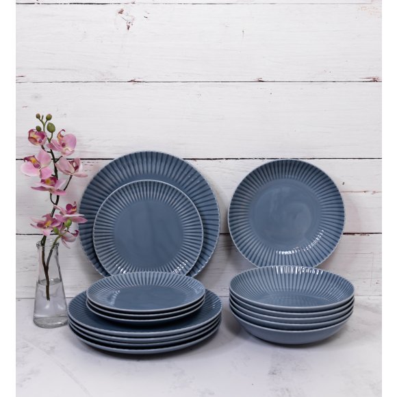 LUBIANA DAISY SEASIDE K9 Serwis obiadowy 6 osób / 18 elementów / szaro - niebieski