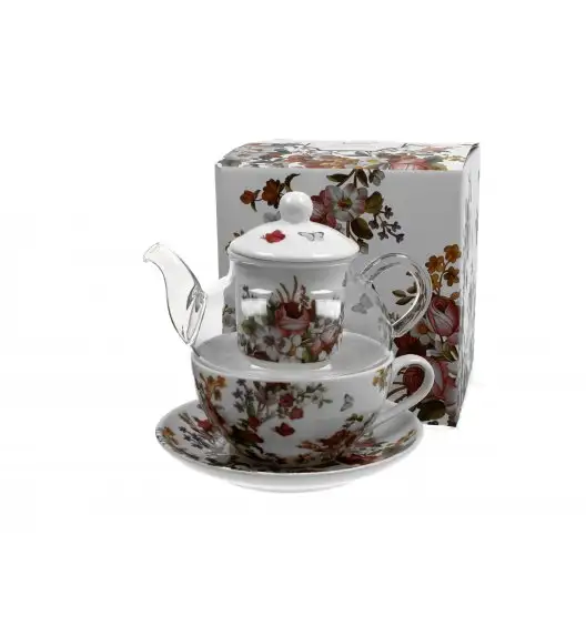 DUO VINTAGE FLOWERS WHITE Tea for one - Filiżanka z dzbankiem szklanym 330 ml i spodkiem  / porcelana