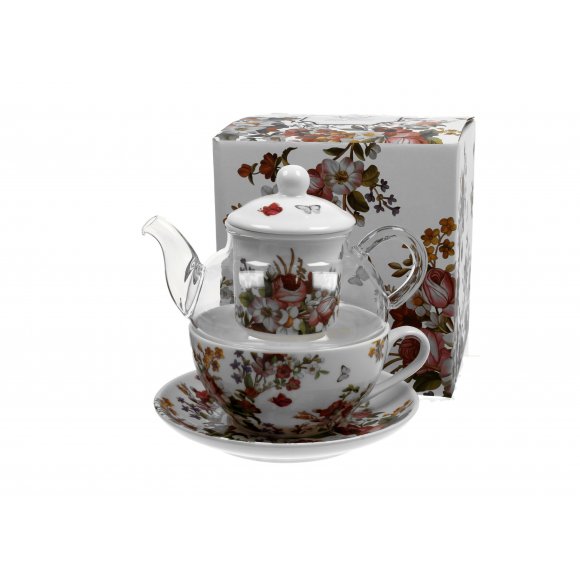 DUO VINTAGE FLOWERS WHITE Tea for one - Filiżanka z dzbankiem szklanym 330 ml i spodkiem / porcelana