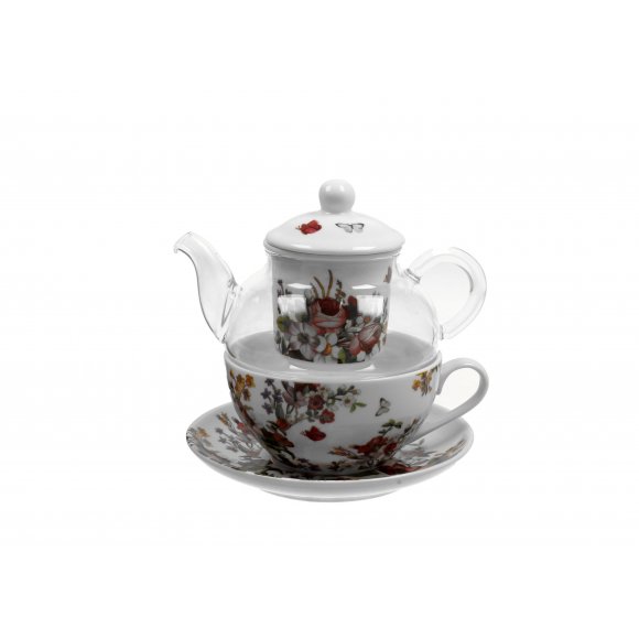 DUO VINTAGE FLOWERS WHITE Tea for one - Filiżanka z dzbankiem szklanym 330 ml i spodkiem / porcelana