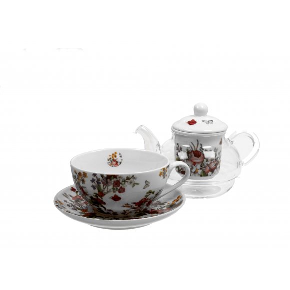 DUO VINTAGE FLOWERS WHITE Tea for one - Filiżanka z dzbankiem szklanym 330 ml i spodkiem / porcelana