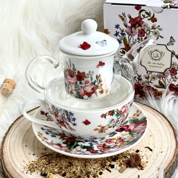 DUO VINTAGE FLOWERS WHITE Tea for one - Filiżanka z dzbankiem szklanym 330 ml i spodkiem / porcelana