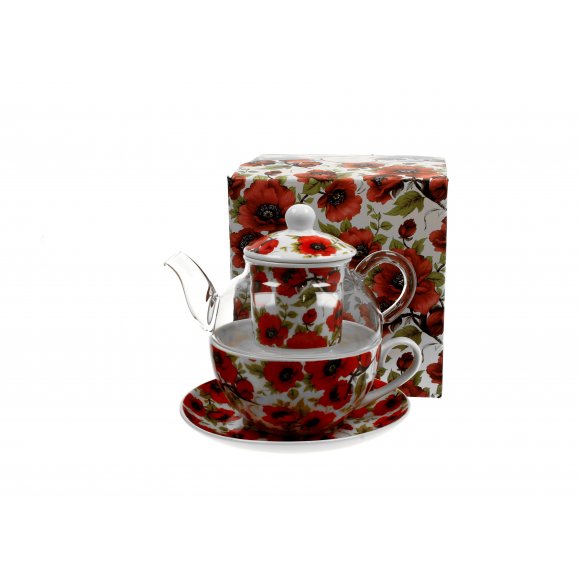 DUO LINA Tea for one - Filiżanka z dzbankiem szklanym 330 ml i spodkiem / porcelana