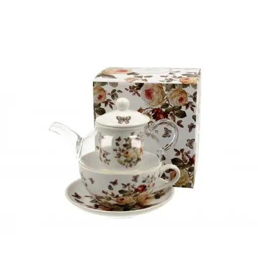DUO ZAHRA Tea for one - Filiżanka z dzbankiem szklanym 330 ml i spodkiem  / porcelana