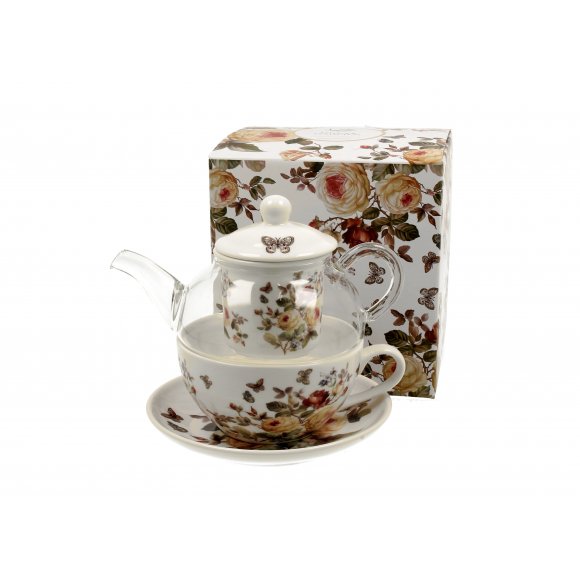 DUO ZAHRA Tea for one - Filiżanka z dzbankiem szklanym 330 ml i spodkiem / porcelana