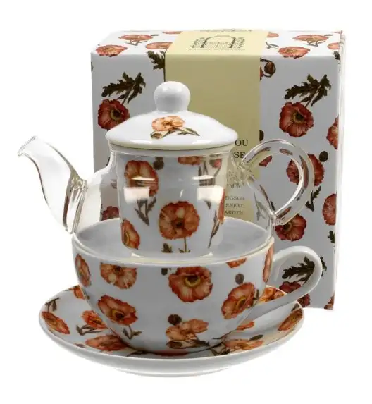 WYPRZEDAŻ! DUO WILD POPPIES Tea for one - Filiżanka z dzbankiem szklanym 330 ml i spodkiem  / porcelana