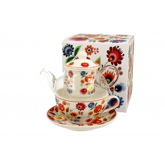 DUO ŁOWICZ Tea for one - Filiżanka z dzbankiem szklanym 330 ml i spodkiem / porcelana