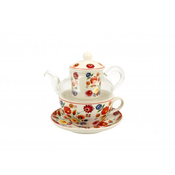 DUO ŁOWICZ Tea for one - Filiżanka z dzbankiem szklanym 330 ml i spodkiem / porcelana