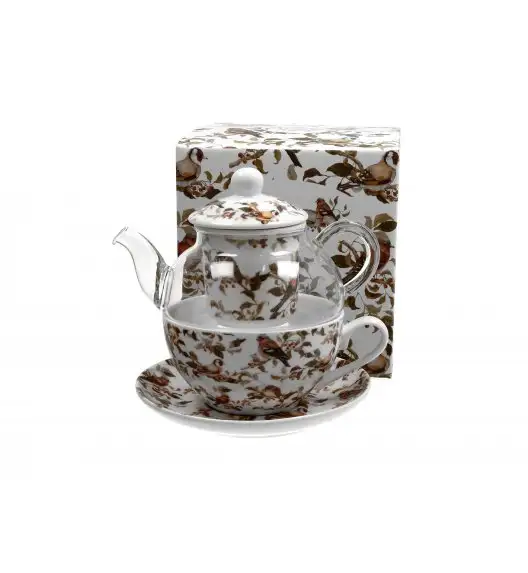 DUO PTASZKI Tea for one - Filiżanka z dzbankiem szklanym 330 ml i spodkiem  / porcelana