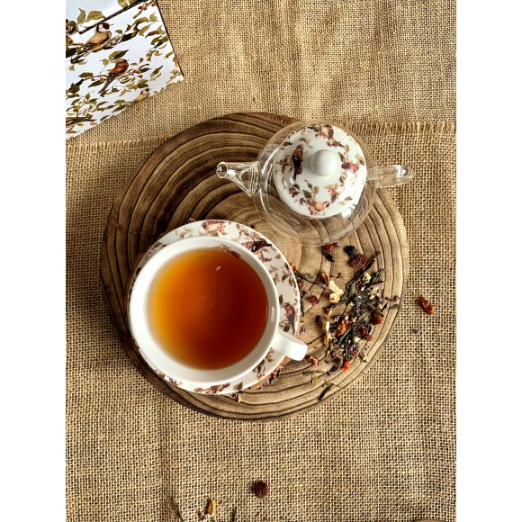 DUO PTASZKI Tea for one - Filiżanka z dzbankiem szklanym 330 ml i spodkiem / porcelana