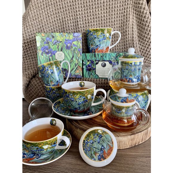 DUO IRISES by V. van Gogh Tea for one - Filiżanka z dzbankiem szklanym 330 ml i spodkiem / porcelana