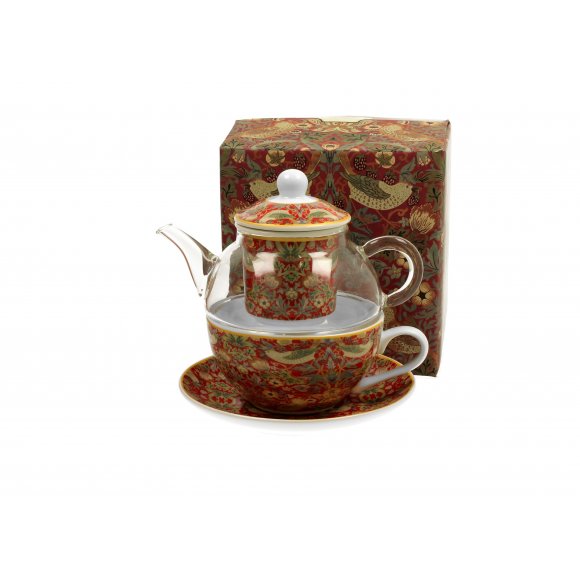 DUO STRAWBERRY THIEF RED by W. Morris Tea for one - Filiżanka z dzbankiem szklanym 330 ml i spodkiem / porcelana