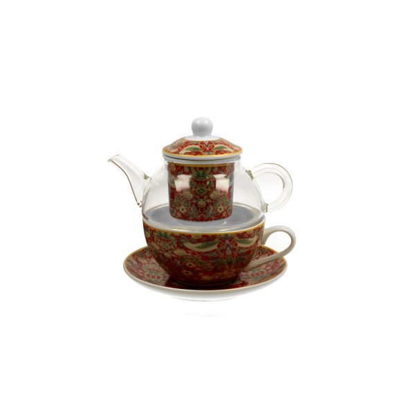 DUO STRAWBERRY THIEF RED by W. Morris Tea for one - Filiżanka z dzbankiem szklanym 330 ml i spodkiem / porcelana