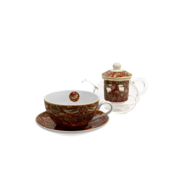 DUO STRAWBERRY THIEF RED by W. Morris Tea for one - Filiżanka z dzbankiem szklanym 330 ml i spodkiem / porcelana