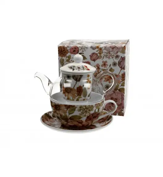 DUO PASTEL FLOWERS Tea for one - Filiżanka z dzbankiem szklanym 330 ml i spodkiem / porcelana