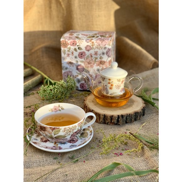 DUO PASTEL FLOWERS Tea for one - Filiżanka z dzbankiem szklanym 330 ml i spodkiem / porcelana