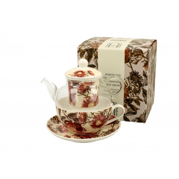 DUO PEONY Tea for one - Filiżanka z dzbankiem szklanym 330 ml i spodkiem / porcelana