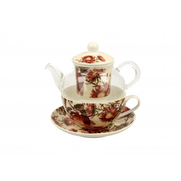 DUO PEONY Tea for one - Filiżanka z dzbankiem szklanym 330 ml i spodkiem / porcelana