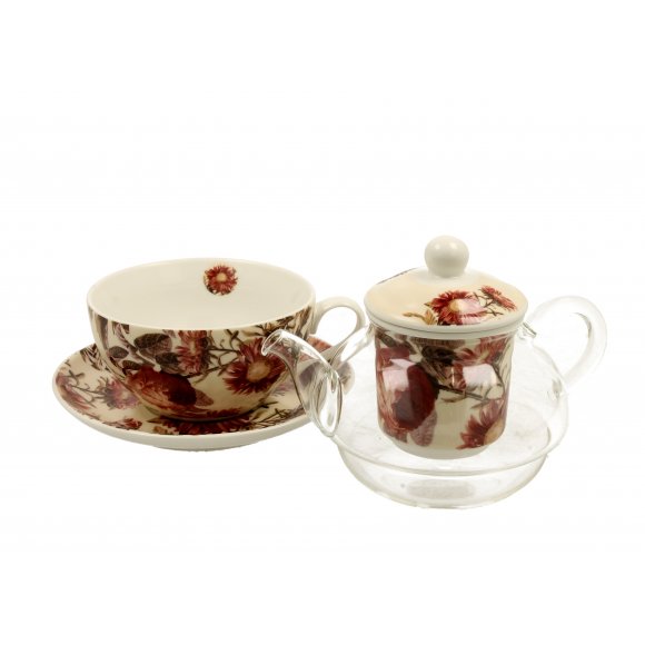 DUO PEONY Tea for one - Filiżanka z dzbankiem szklanym 330 ml i spodkiem / porcelana