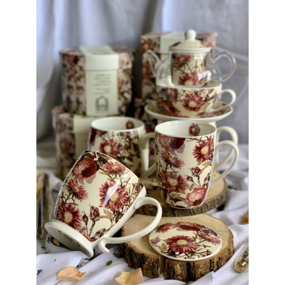 DUO PEONY Tea for one - Filiżanka z dzbankiem szklanym 330 ml i spodkiem / porcelana