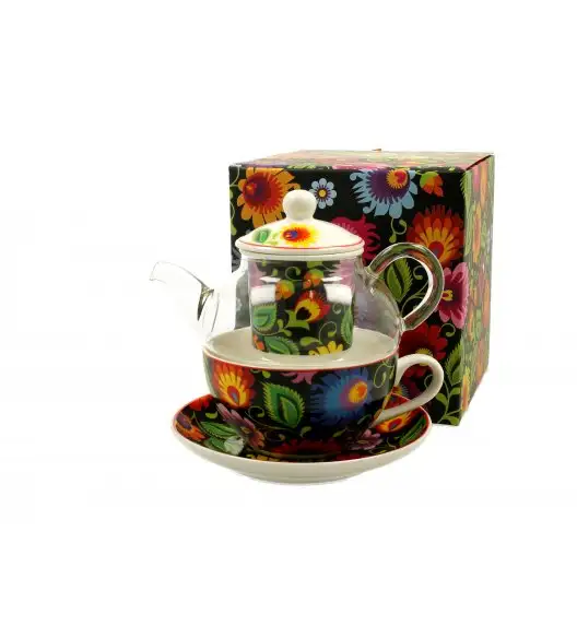 DUO ETNIC Tea for one - Filiżanka z dzbankiem szklanym 330 ml i spodkiem  / porcelana